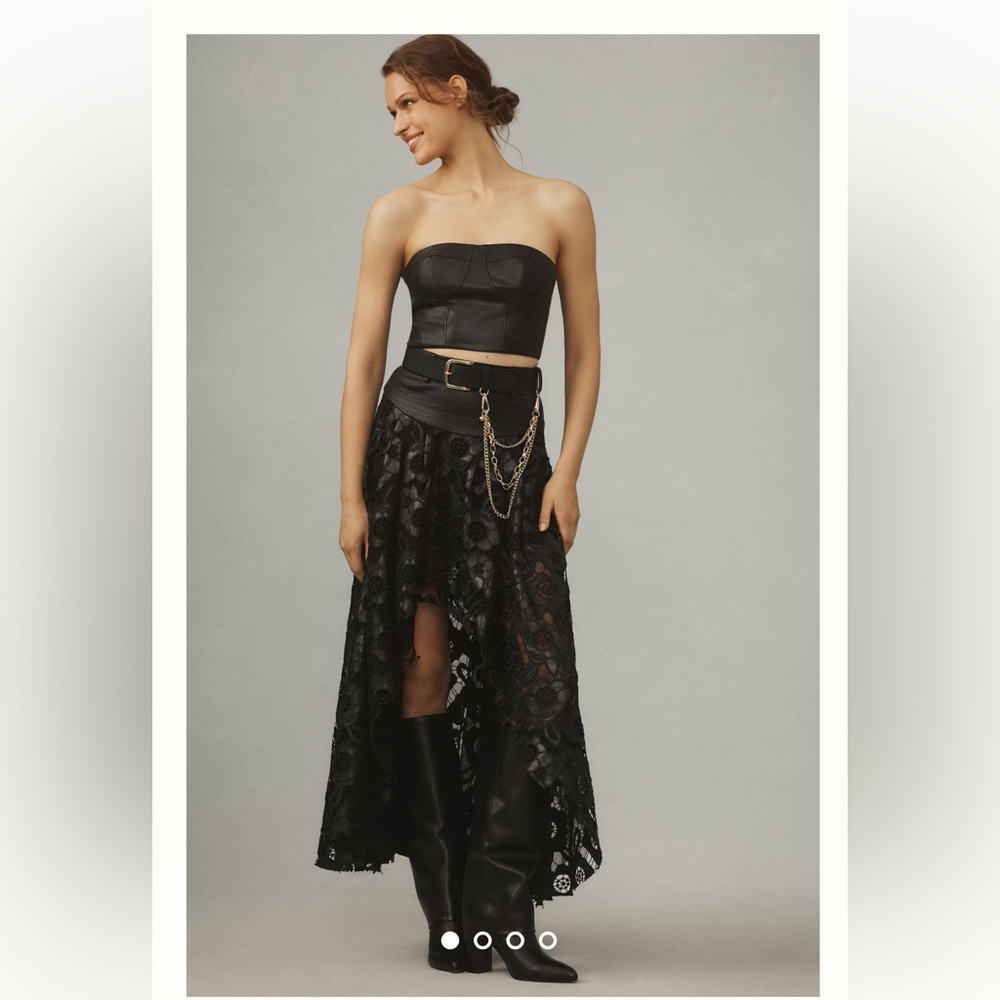 Anthropologie Faux Leather Cutwork High Low Maxi Skirt Tulle Ruffle Lined Black